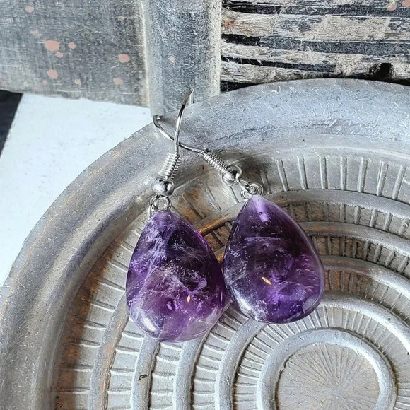 Amethyst Gemstone Puffed Teardrop Handcrafted Purple Silver Dangle Earrings - Picture 1 of 5